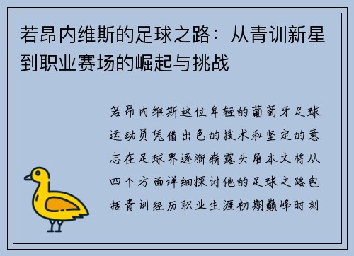若昂内维斯的足球之路：从青训新星到职业赛场的崛起与挑战